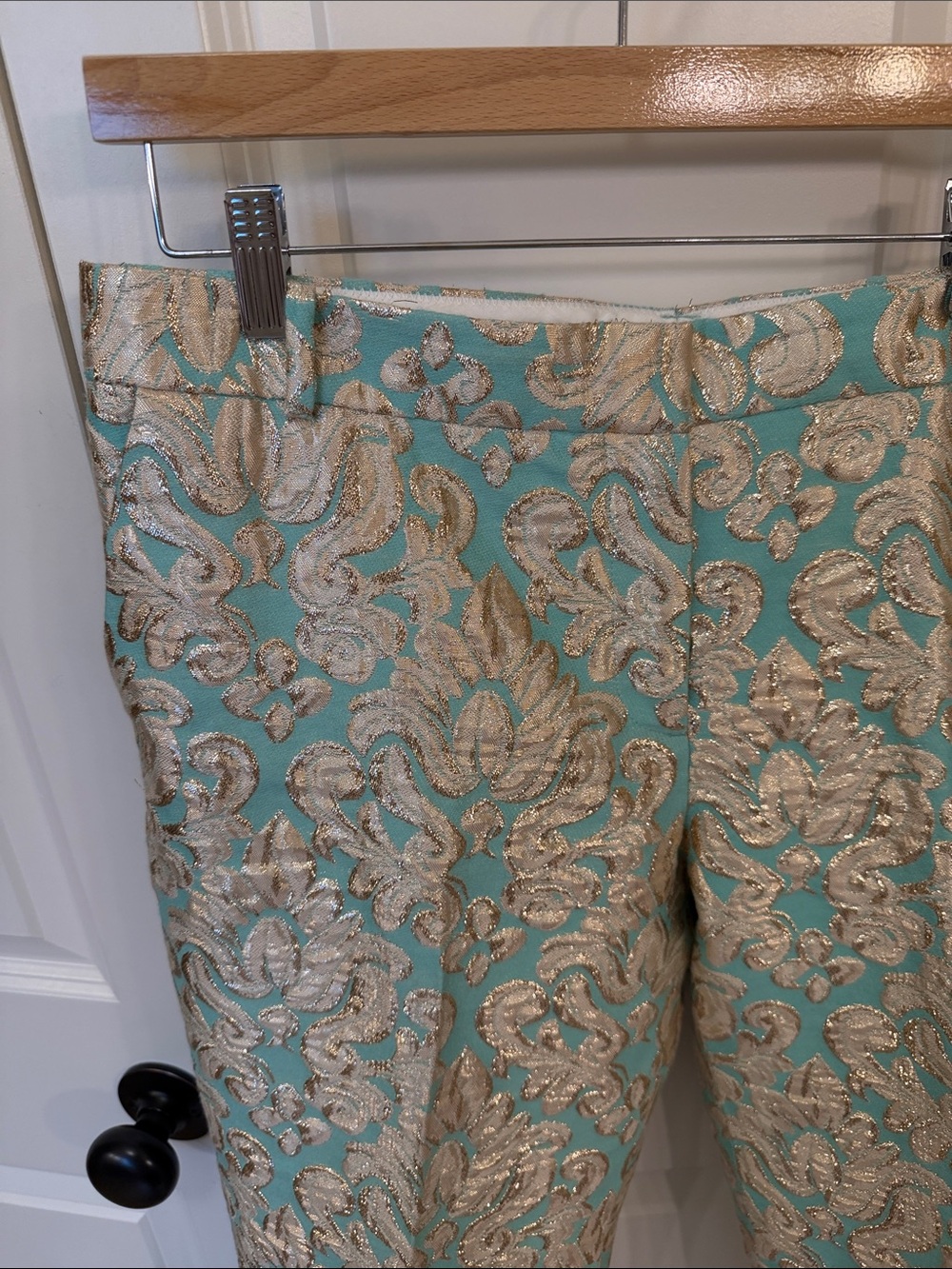 J Crew Collection lined 12 Aqua and Gold Brocade Dress Pants cropped - Picture 2 of 8